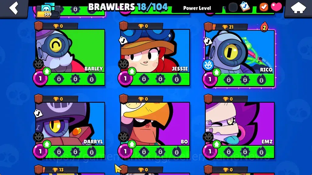 Brawl Stars Accounts 509 Trophy|18 Brawlers 1 Max (Byron)|7k PP|2 Mythic (Gridiron Otis,Ringmaster Byron),6 Epic Skin|CN 8