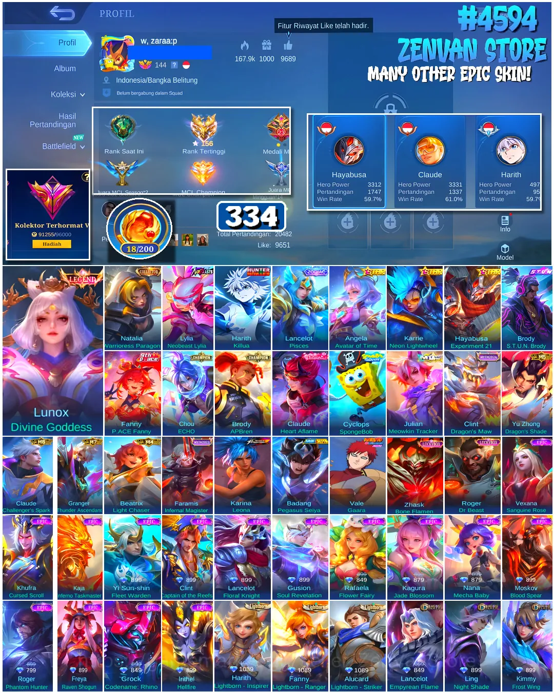 Mobile Legends: Bang Bang Accounts #4594 334 Skins | Lunox Divine Goddess (LEGEND) | Harith Killua (HUNTER X HUNTER 1