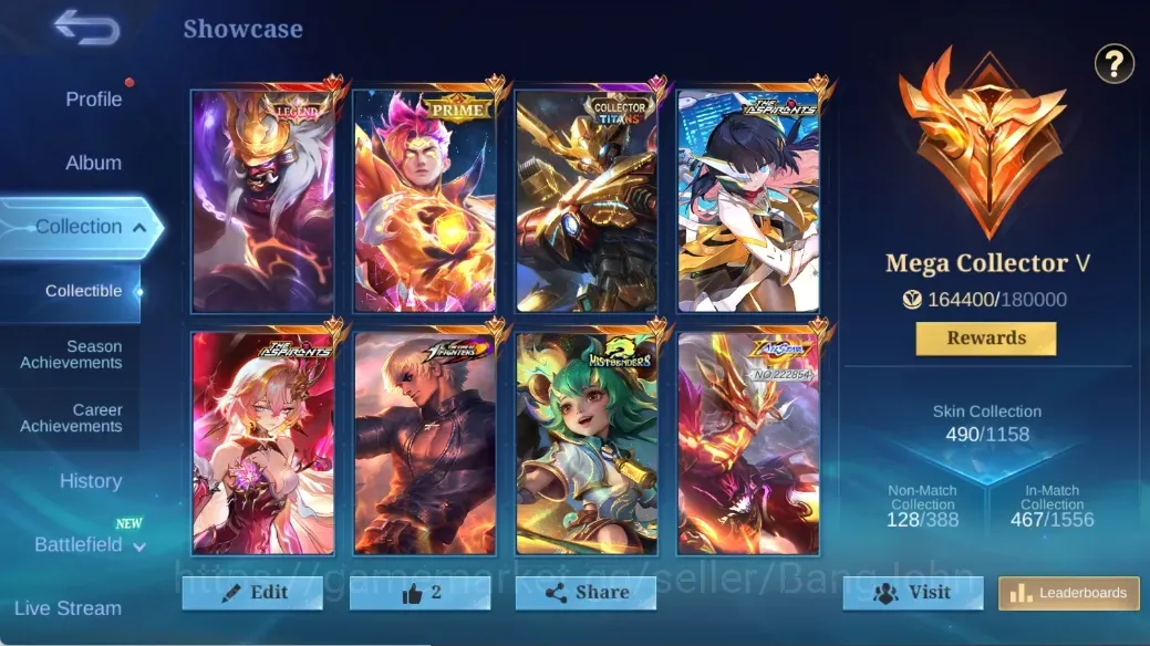 Mobile Legends: Bang Bang Accounts Collector Global|138Hero|490Skin|MEGA|LEGEND Franco|Apirants Obsidia Ruby|KOF 1