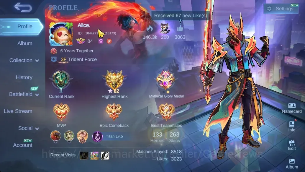 Mobile Legends: Bang Bang Accounts Collector Hero 133|Skin 263|Recall Seal of Anvil|Ling Neobeast,Floryn Sanrio,Karina 1