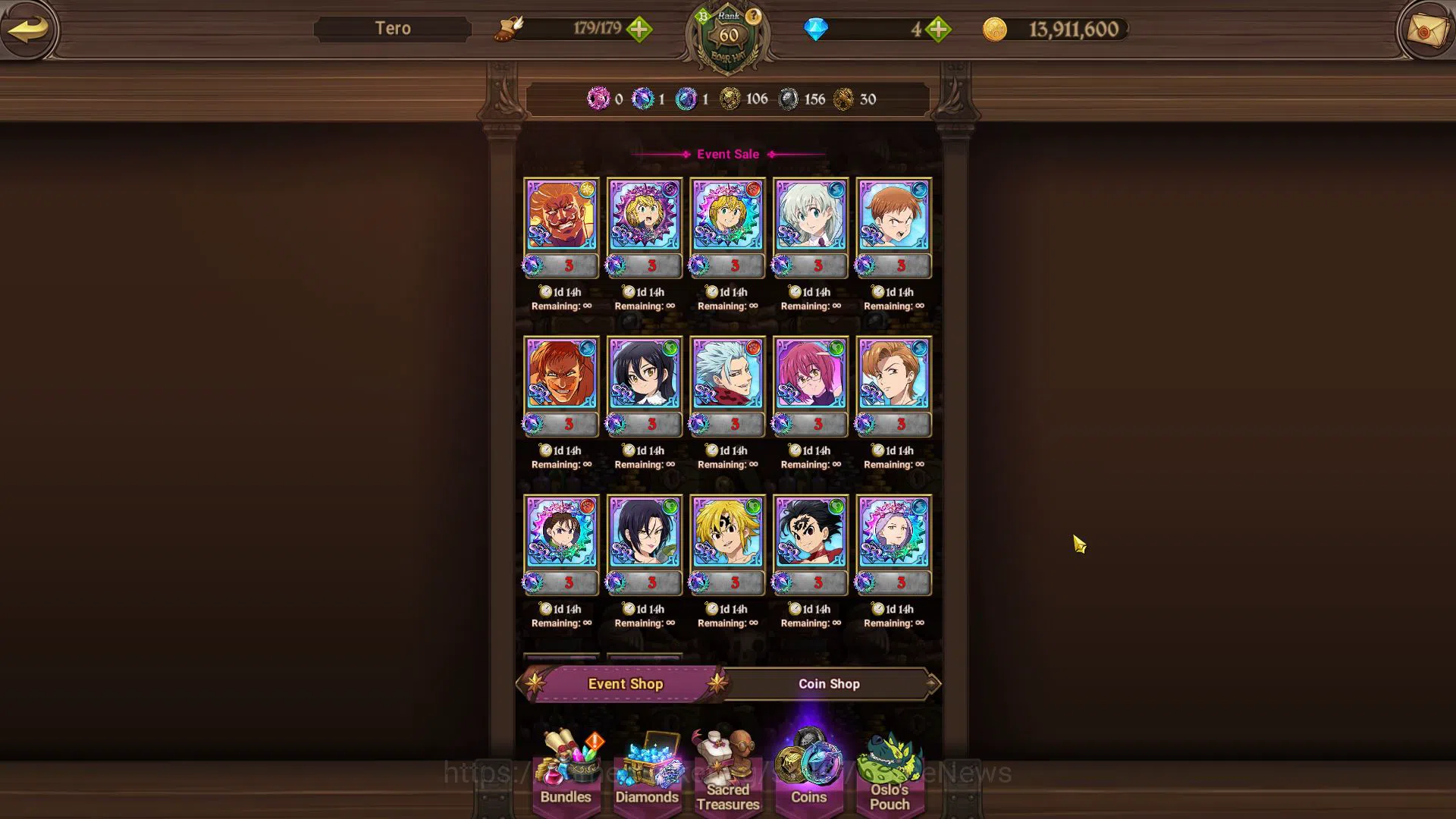 The Seven Deadly Sins: Grand Cross Accounts Starter Global|1M CC|Starter Ch5| 4 UR | Salos, Merlin & Escanor, Thor, Demon 8