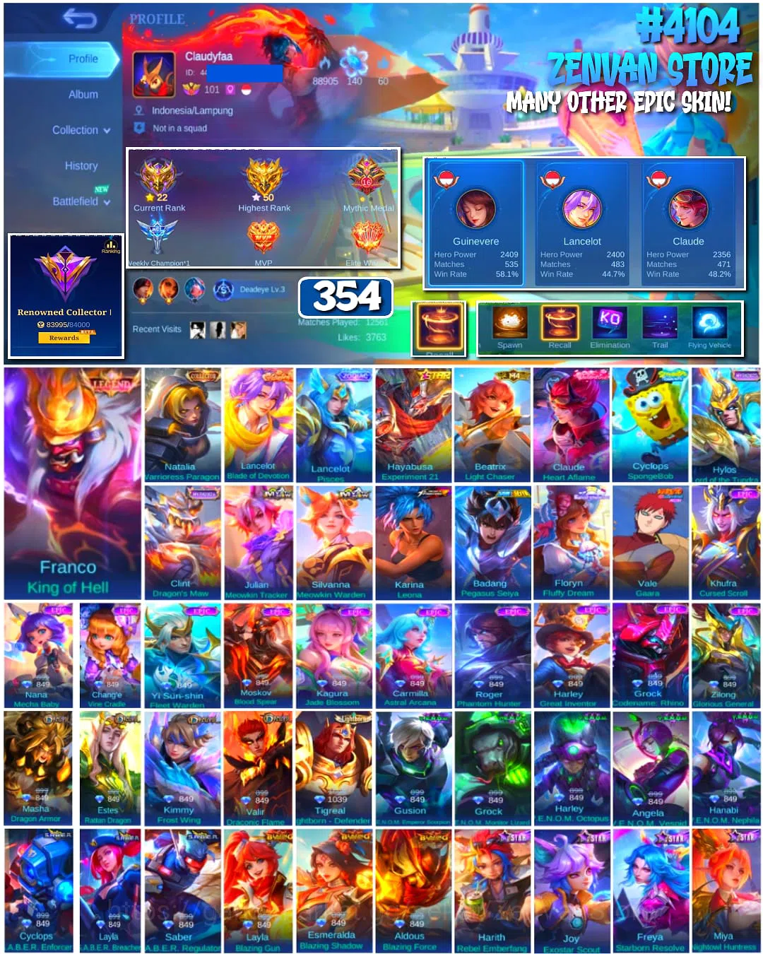 Mobile Legends: Bang Bang Accounts π₯ #4104 π₯ π 354 Skins π Legend Franco King of Hell βοΈ Renowned Collector I 1