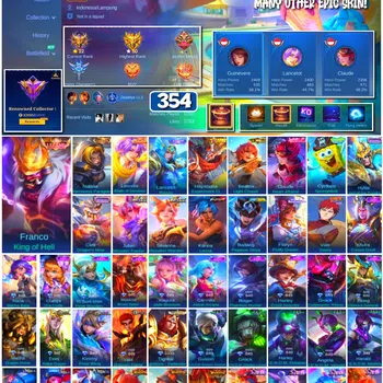 Mobile Legends: Bang Bang Accounts 🔥 #4104 🔥 💎 354 Skins 👑 Legend Franco King of Hell ⚔️ Renowned Collector I