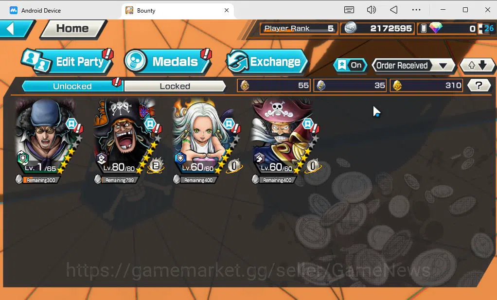 One Piece Bounty Rush Accounts Mid-Tier Global|4 EX|BP Kuzan,T4E Marshall D Teach,Seraphim SSnake,GP Gol D 5