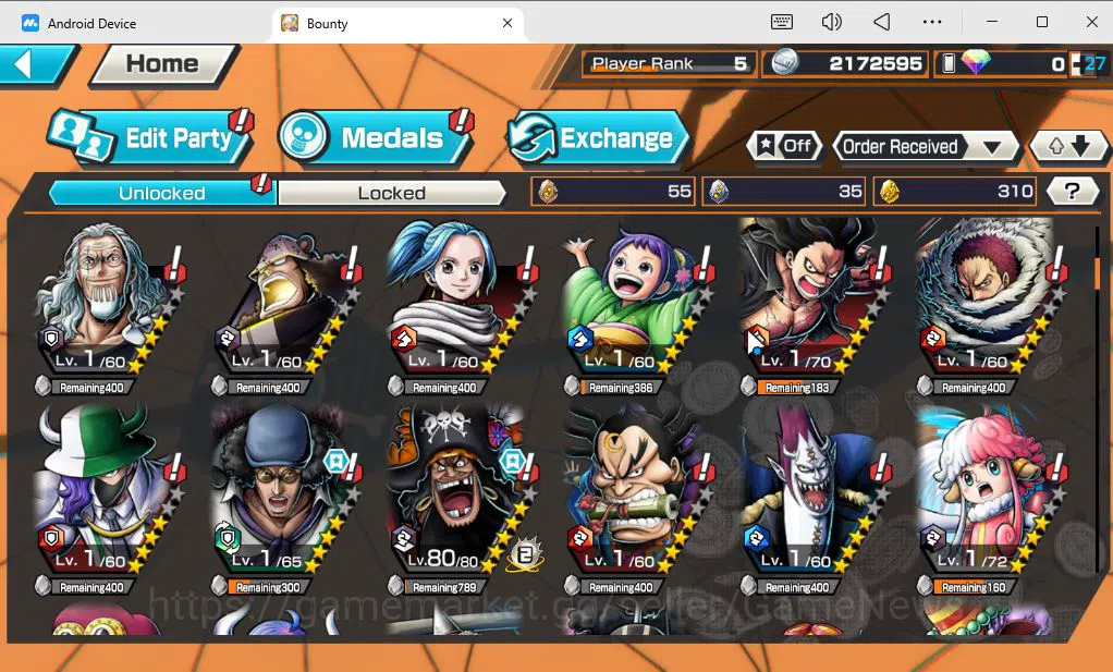 One Piece Bounty Rush Accounts Mid-Tier Global|4 EX|BP Kuzan,T4E Marshall D Teach,Seraphim SSnake,GP Gol D 7