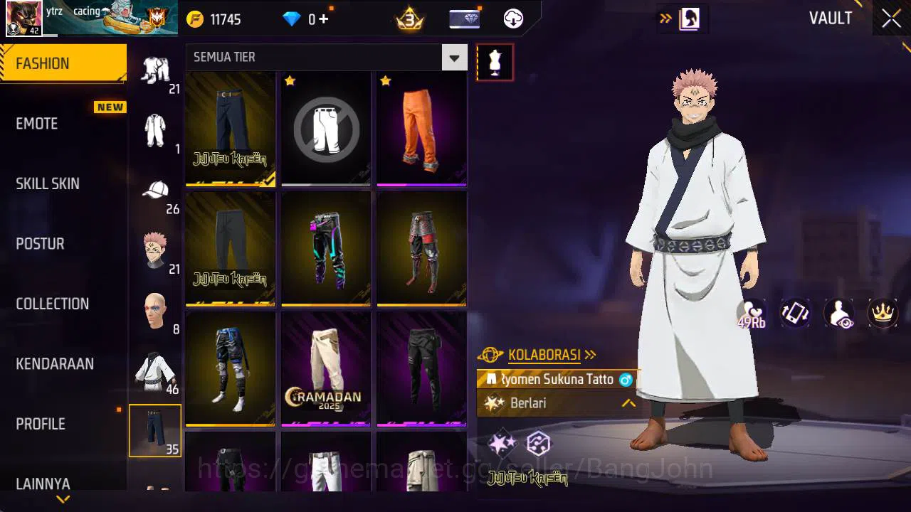 Free Fire Accounts Indonesia, Vault 46, SG lumut, bundle sukuna jjk, image 5