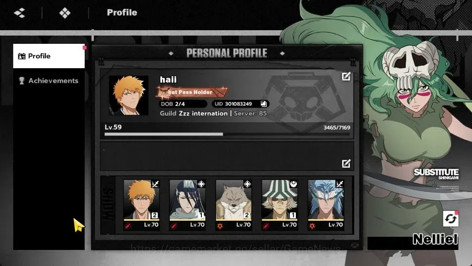 BLEACH: Soul Resonance Accounts NuverseSEA LV 59|8 SSR [(Grimjow,IchigoB2,ByakuyaB image 1