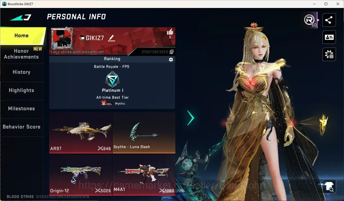 Blood Strike Accounts Others ASIA|Eternal Emma-Royal|Ultra Melee:Scythe-LunaSlash|1 Eternal Gun|5 Collab Gun|3 Limited Gun|4 1
