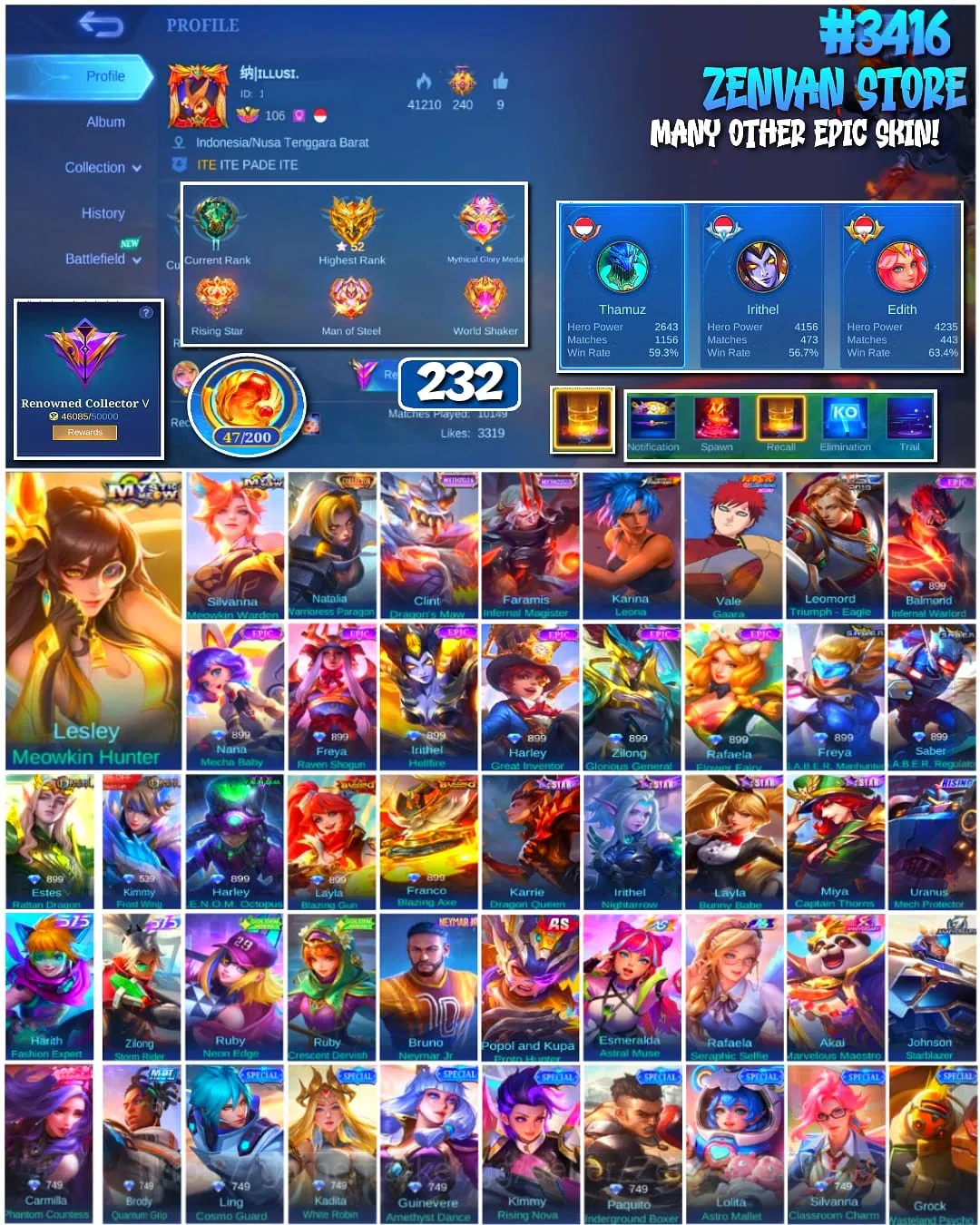 Mobile Legends: Bang Bang Accounts #3416 232 Skins | Collector Natalia | KoF Karina | image 1
