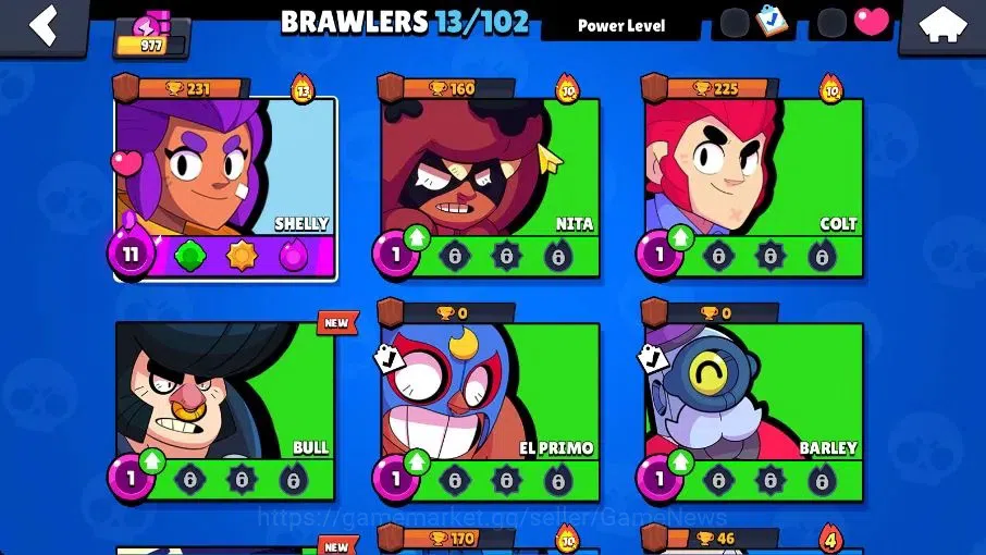 Brawl Stars Accounts 977 Trophy|11K Coins 4K PP|13 Brawlers 1 Max Lvl [Shelly]|8 Skins|2 Epic [Titanium Maisie] 2 SR|CN 5