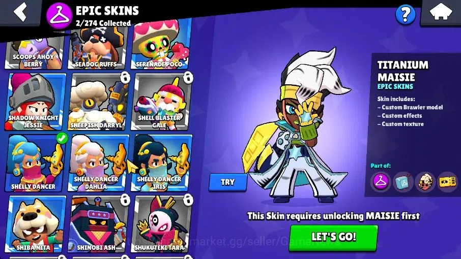 Brawl Stars Accounts 977 Trophy|11K Coins 4K PP|13 Brawlers 1 Max Lvl [Shelly]|8 Skins|2 Epic [Titanium Maisie] 2 SR|CN 8