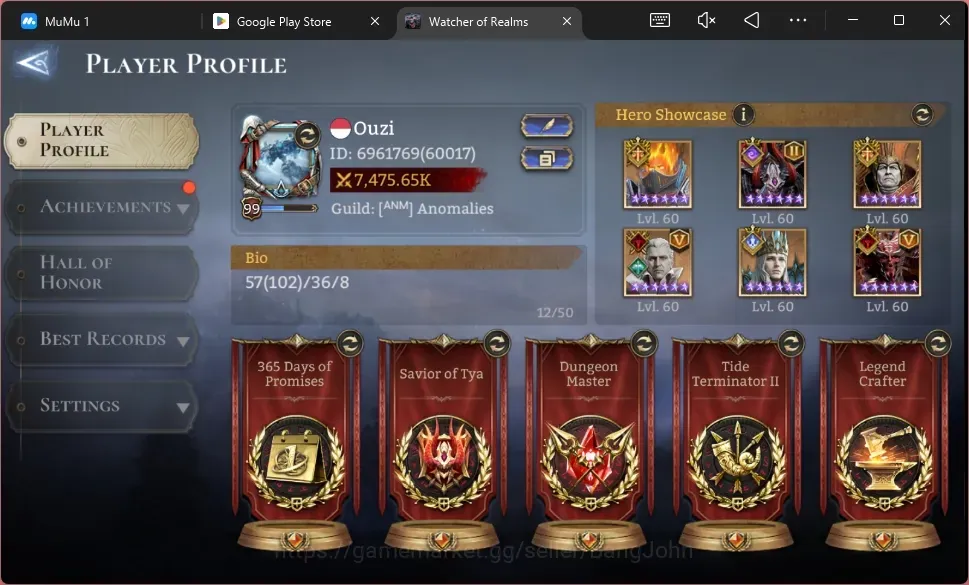 Watcher of Realms Accounts End-Game Global 60xx|Power 7,4M|Unnamable:Ymiret|15 Lord:Oren,Valderon,Etc|102 1