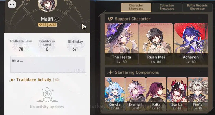 Honkai Star Rail Accounts Mid Game Asia|TL 70|40 Ticket|17 Limited|[Firefly,TheHerta,Acheron,Kafka,Evernight,Feixiao]+Sign 2