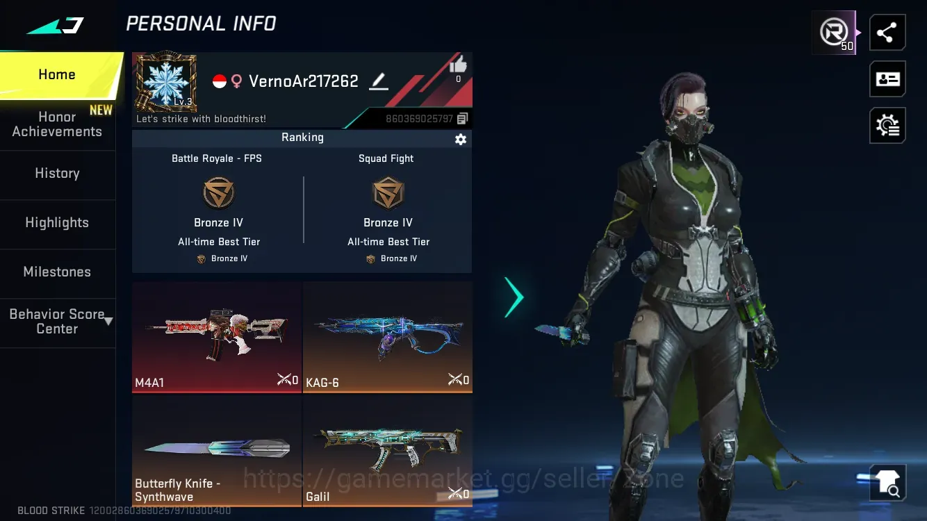 Blood Strike Accounts Others ASIA|1 limit:M4A1-BOF|4 ULTRA:ButterflyKnife,Kag-6,Galil,LootCrate|3LegendaryWpn|1 1