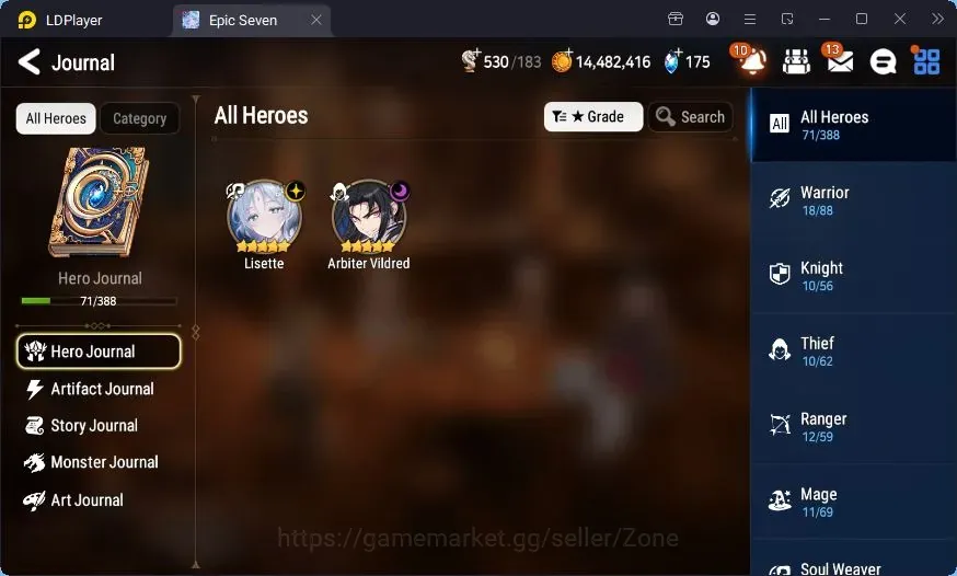 Epic Seven Accounts Starter Global Unverif|Best Starter|2ML(Lisette,Arbiter Vildred)|PoH+Bless ON|Gold 14.4M|Side Story 1