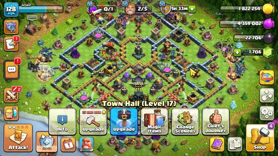 Clash of Clans Accounts High-End LV 128|TH 17|HH 11|Limited Skin|BK 33,AQ 21,GW 12,MP 30,RC 23,DD 14|BM 5|1.706 Gem|CN 1
