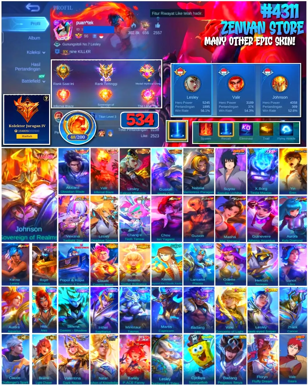 Mobile Legends: Bang Bang Accounts Collector #4311 534 Skins | Johnson Sovereign of Realms (LEGEND) | Alucard Obsidian Blade 1
