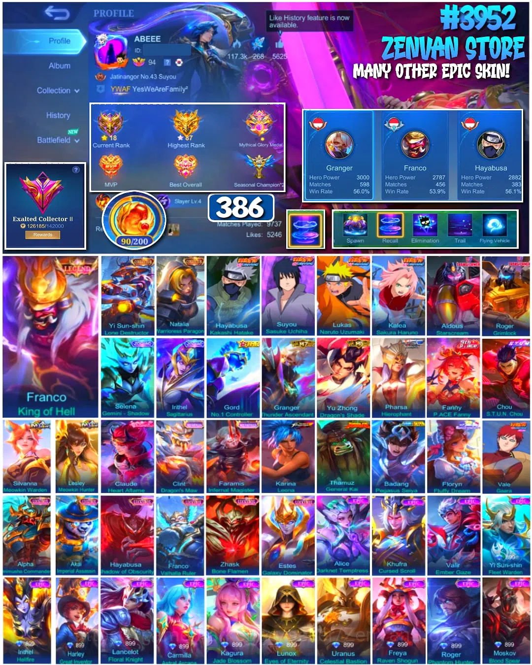 Mobile Legends: Bang Bang Accounts #3952 | 386 Skins | Legend Franco | Collector Yin Shun Shin & Natalia | Kakashi, Sasuke 1