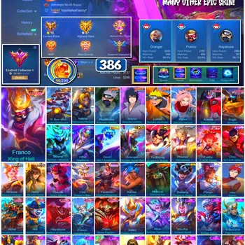 Mobile Legends: Bang Bang Accounts #3952 | 386 Skins | Legend Franco | Collector Yin Shun Shin & Natalia | Kakashi, Sasuke
