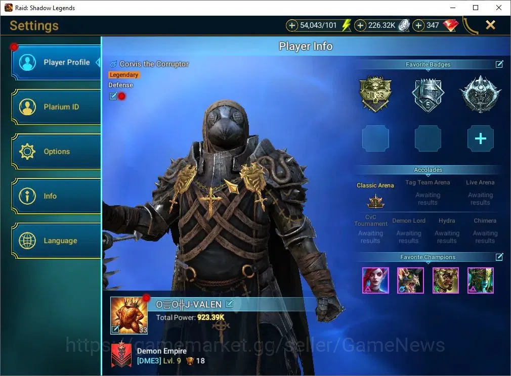 Raid: Shadow Legends Accounts Mid-Game Lv 33|923K Power|16 Legend(Ninja,Artax,Ezio,Mc Angelo,Corvis,Wukong,Alice,Etc)|54K 2