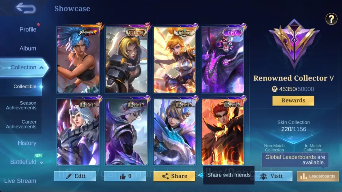 Mobile Legends: Bang Bang Accounts Collector Global|137H 220S|Renowned|KOF Karina|Collector Natalia|Lightborn Fanny|Epic 1