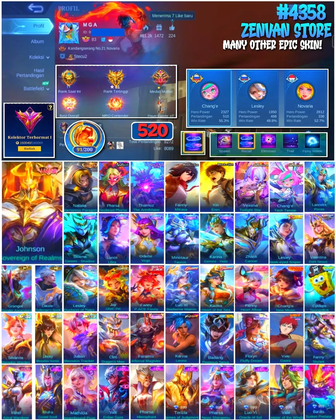 Mobile Legends: Bang Bang Accounts #4358 520 Skins | Johnson Sovereign of Realms (LEGEND) | Fanny Mikasa (ATTACK ON TITAN 1