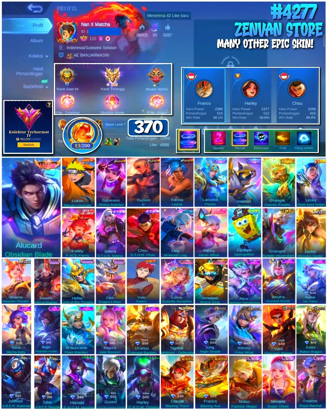 Mobile Legends: Bang Bang Accounts #4277 370 Skins | Alucard Obsidian Blade (LEGEND) | Lukas Naruto Uzumaki (NARUTO) | Vale 1