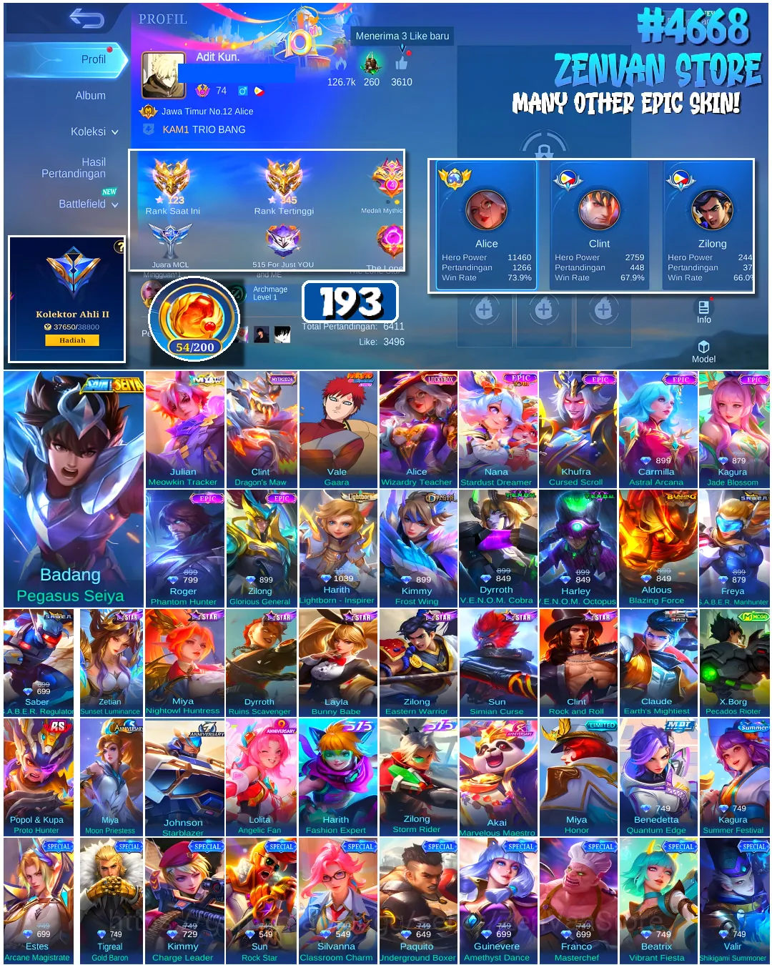 Mobile Legends: Bang Bang Accounts #4668 193 Skins | Badang Pegasus Seiya (SAINT SEIYA) | Vale Gaara (NARUTO) | Carmilla 1