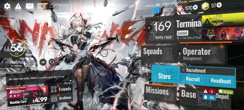 Arknights Accounts Mid-Tier Lvl 56|1,9k Orundum|160 OP + 15 Outfit|5 Limited Char|SATR,Wis'Adel,Virtuosa,Wang,NTRK|Terminal 1