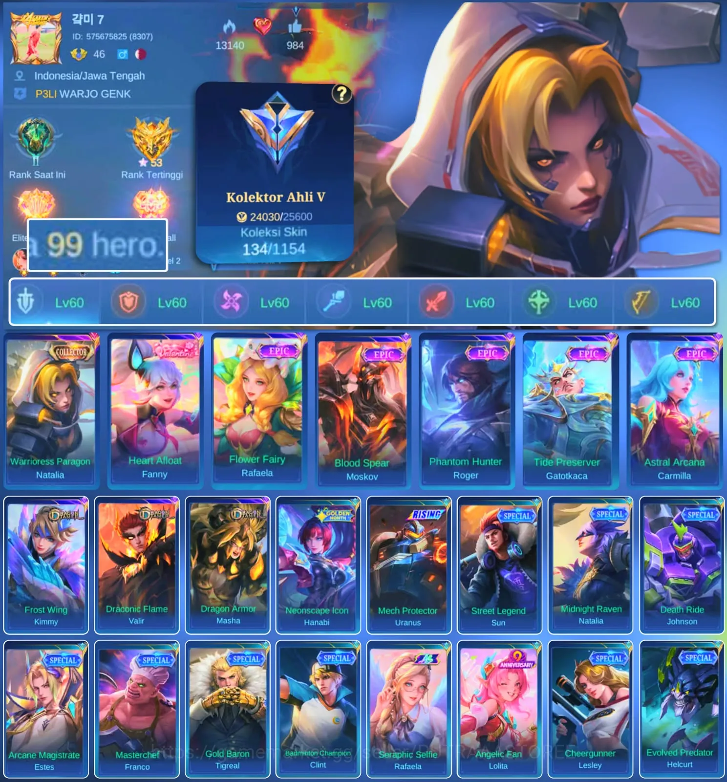 Mobile Legends: Bang Bang Accounts Others HERO 99 SKIN 134 | EMBLEM ALL MAX| COLECTOR NATALIA| EPIC MOSKOV | EPIC ROGER 1