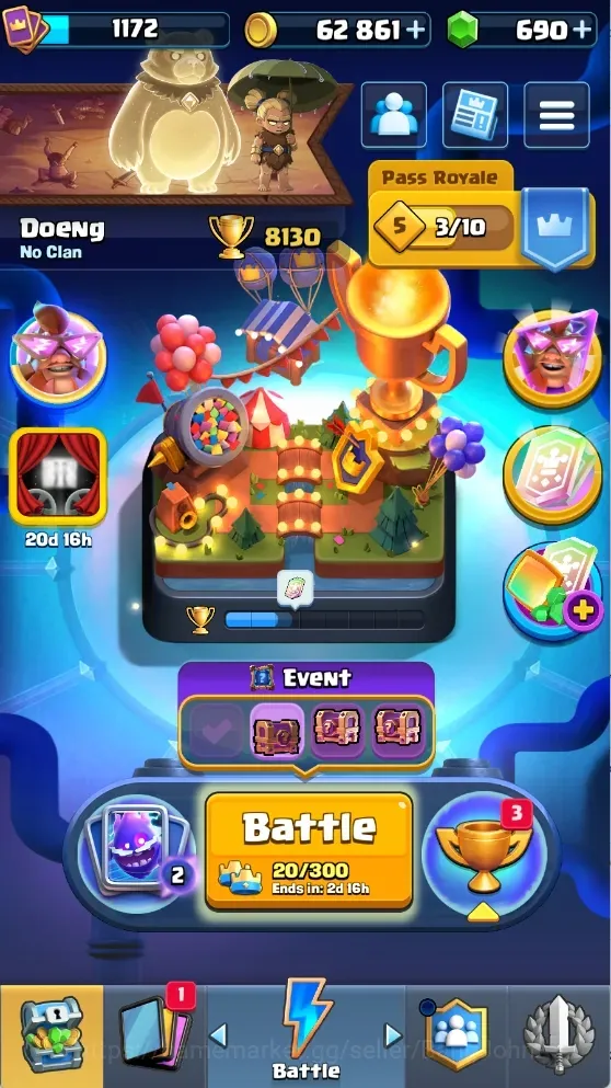 Clash Royale Accounts High-End Trophy 8130 | CL 1170 | KTL 13 | 117 Cards | 8 Champ | 2 Hero | 12 Evo | Arena 21 | 62K 1
