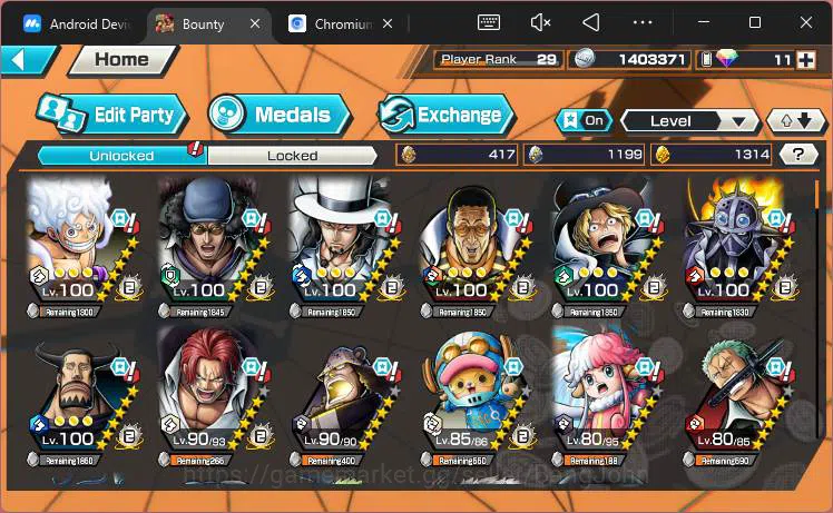 One Piece Bounty Rush Accounts Others GLOBAL|EX 8|PR 29| 2 Monkey D.Luffy,Flame Sabo,BP Kuzan,Rob Lucci,T5E 5