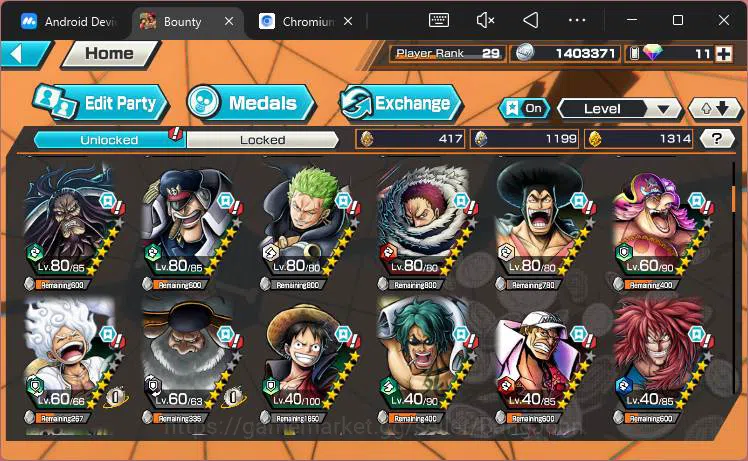 One Piece Bounty Rush Accounts Others GLOBAL|EX 8|PR 29| 2 Monkey D.Luffy,Flame Sabo,BP Kuzan,Rob Lucci,T5E 6
