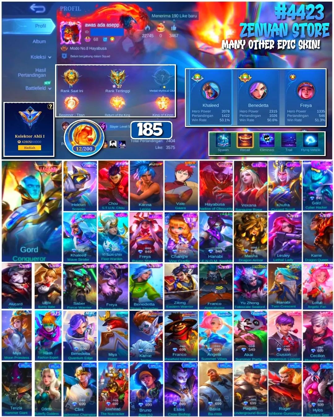 Mobile Legends: Bang Bang Accounts #4423 185 Skins | Gord Conqueror (LEGEND) | Karina Leona (KOF) | Vale Gaara (NARUTO 1