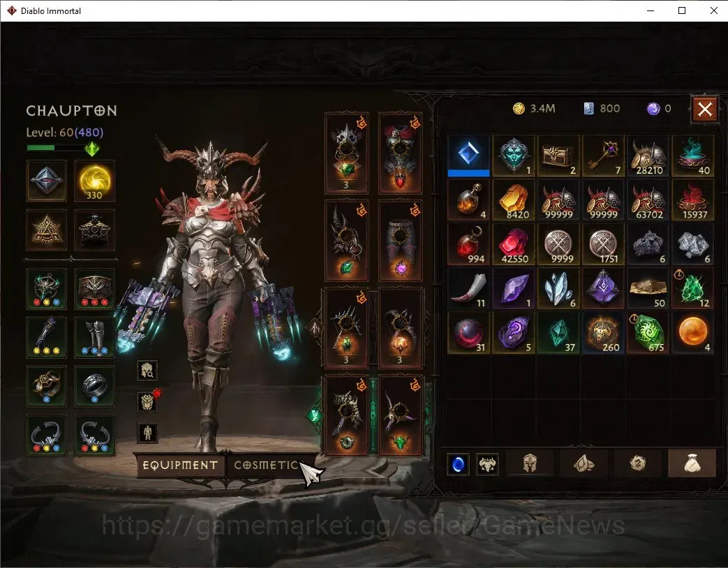 Diablo Immortal Accounts High-End EU - Secheron|CS ON|Lv60(480) Demon Hunter|30K CR|Reso 330|Paragon Vanquisher|Inferno I|1 8