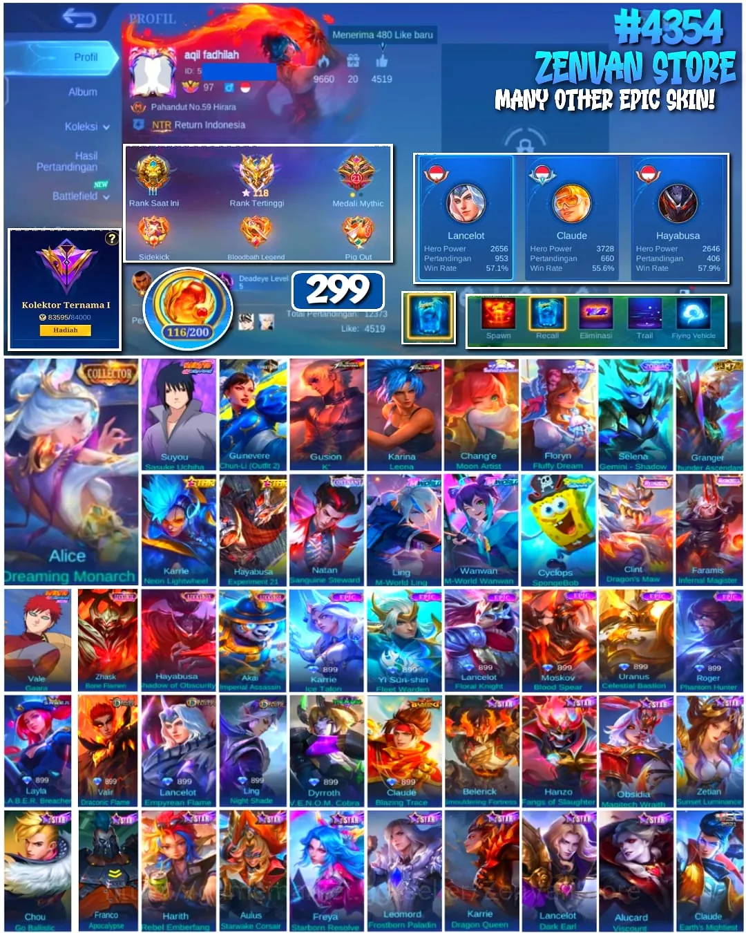 Mobile Legends: Bang Bang Accounts #4354 299 Skins | Suyou Sasuke Uchiha (NARUTO) | Gusion K' (KOF) | Karina Leona (KOF 1