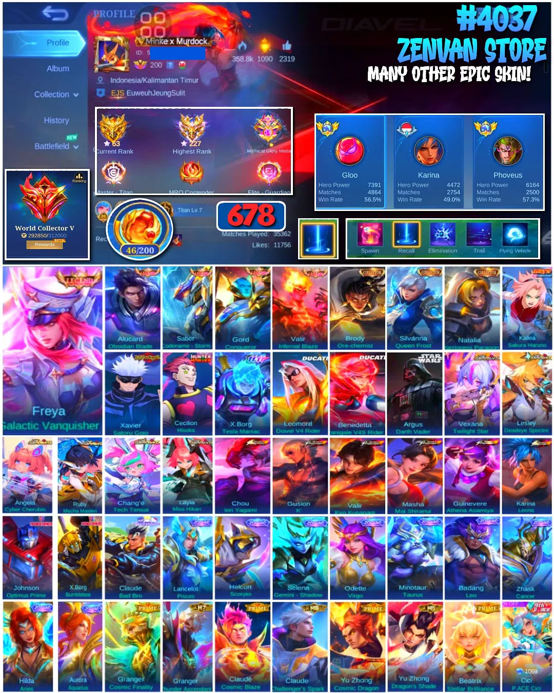Mobile Legends: Bang Bang Accounts ๐ฅ #4037 ๐ฅ 678 Skins ๐ WORLD COLLECTOR V ๐ 3 Collector Skins Brody Ore-chemist 1