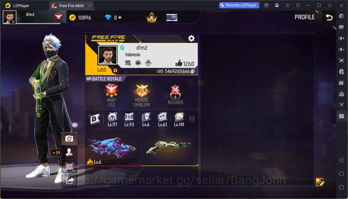 Free Fire Accounts Indonesia|Evo AK47 Blue Flame Draco Lv.6|M1887- Hand Of Hope,Mamba Gnaw,2 More|Electrify Bunny BackPack 1