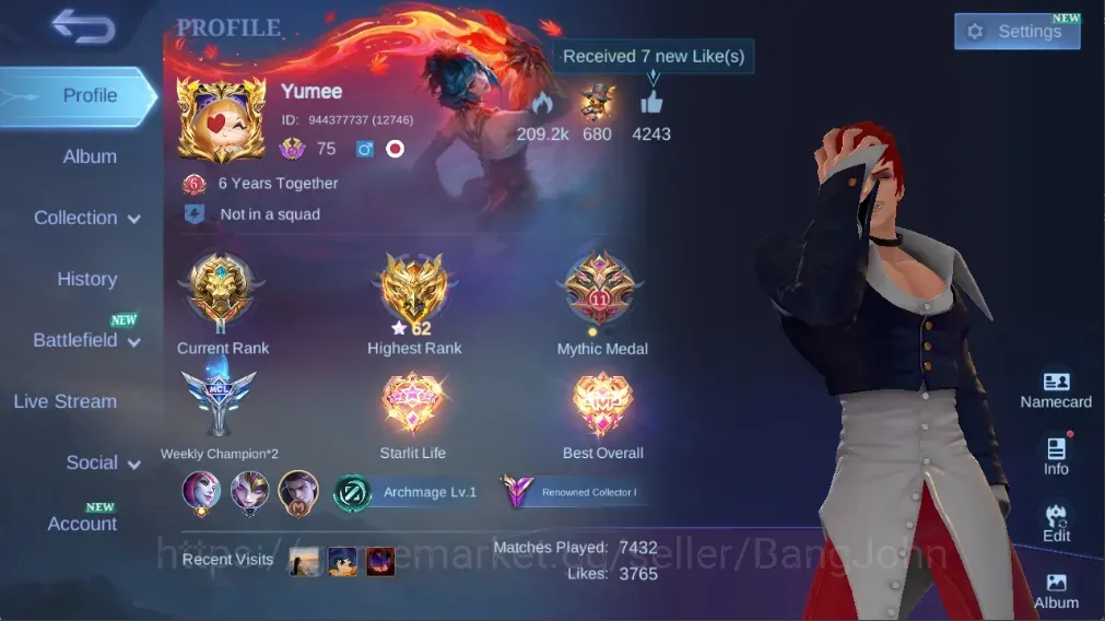 Mobile Legends: Bang Bang Accounts Collector Global|295S|Renowned|KOF Chou Karina,PRIME Claude Beatrix,LuckyBox Johnson 1