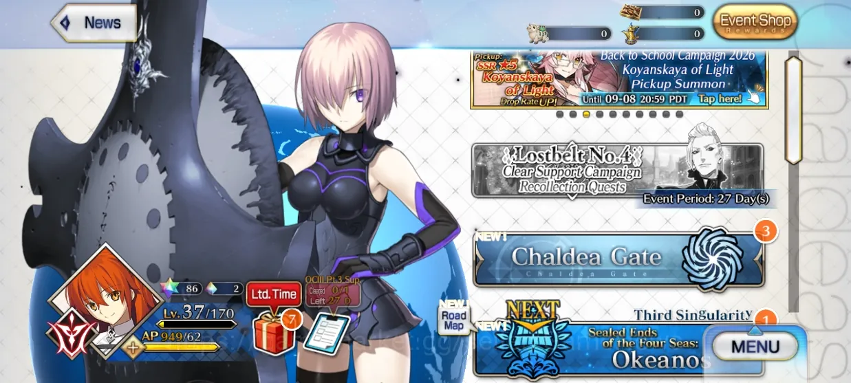 Fate-Grand Order Accounts NA Okeanos Lvl 37|4 SSR|( Lancer Ryouma, Achilles, Jack, Ganesha Jinako )|CE Black Grail|86 SQ,62 1