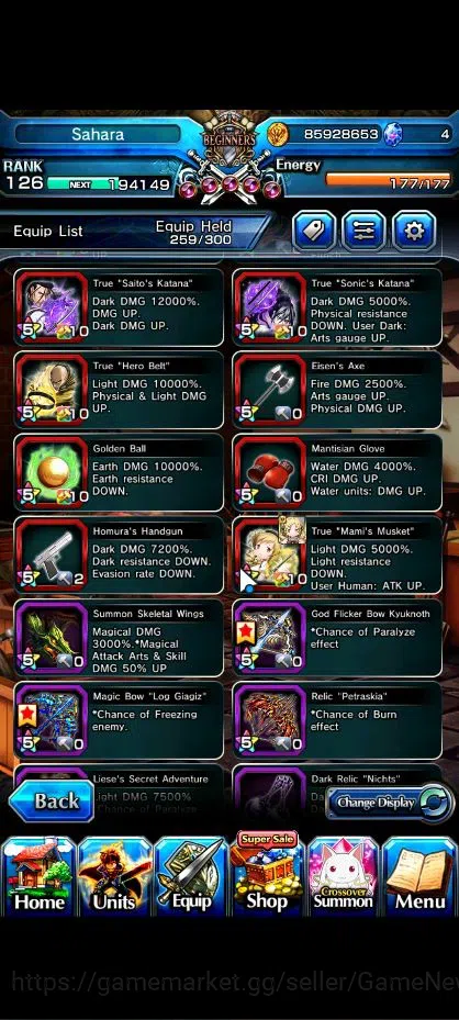 Grand Summoners Accounts End-Game Global|Rank 126|1 Sp Art|34 10