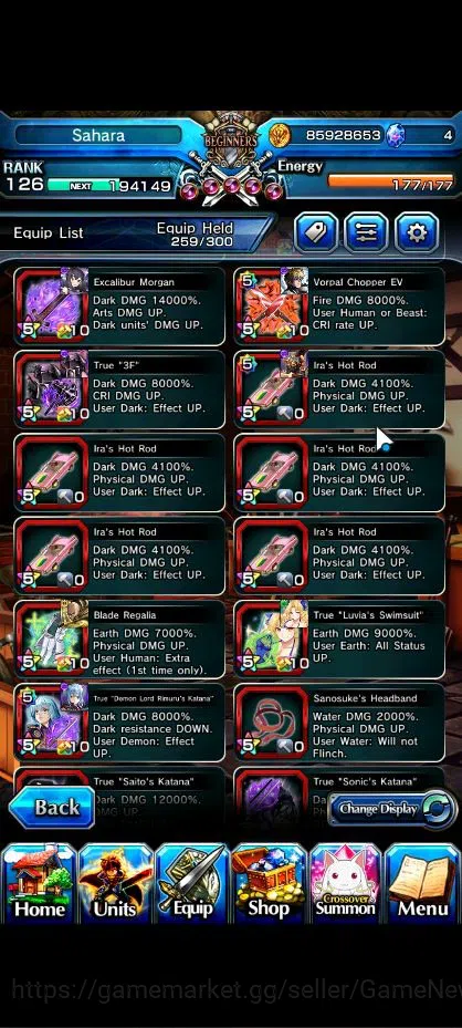 Grand Summoners Accounts End-Game Global|Rank 126|1 Sp Art|34 9