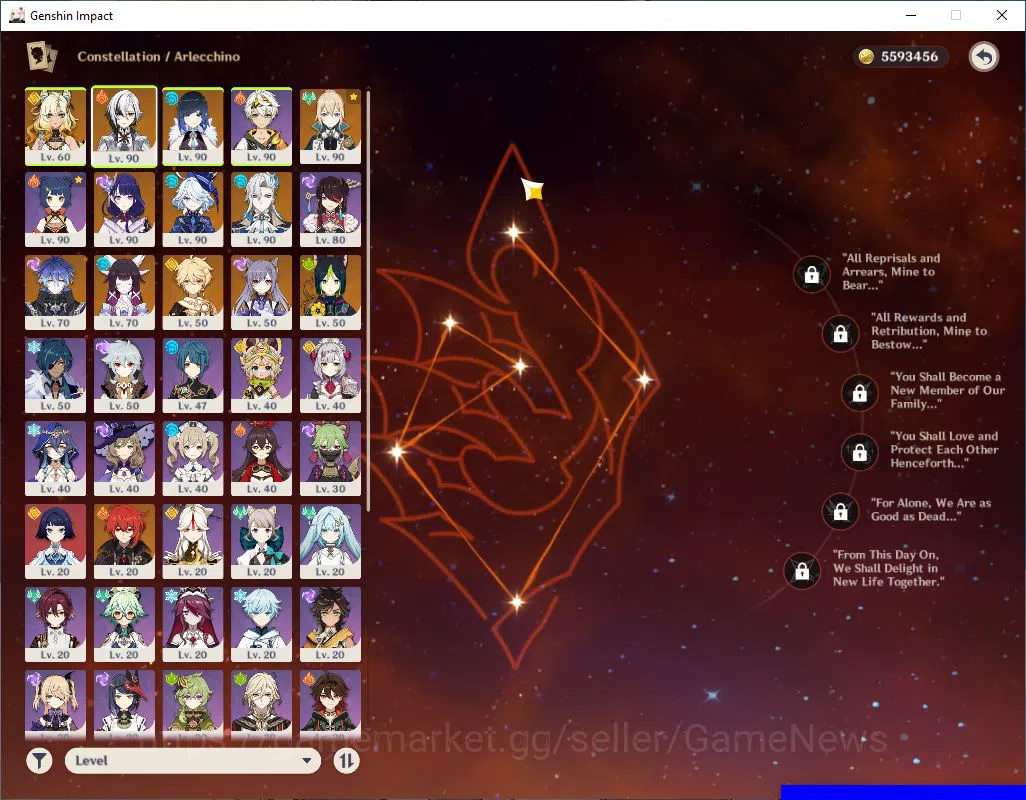 Genshin Impact Accounts Mid Game ASIA|AR 57|8 Limited +4(5*Weapon)|Furina,Arlecchino,Raiden,Yelan,Etc|1skin|MC Male|Take 5