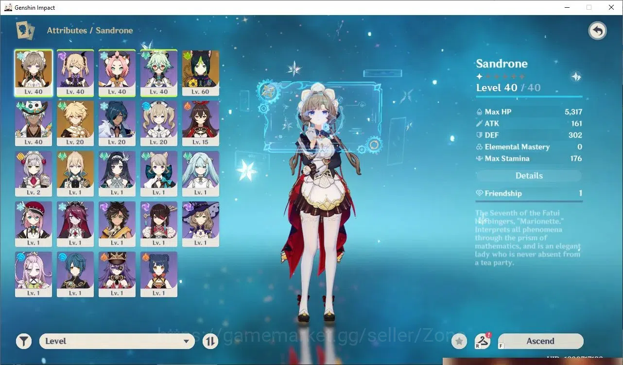 Genshin Impact Accounts Starter Asia|AR 34|Starter limited Sandrone + char STD ( Fischl,Diona,Sucronse,etc)|Low 1