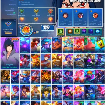 Mobile Legends: Bang Bang Accounts 🔥 #4067 🔥 💎 119 Skins 👑 Naruto Suyou Sasuke Uchiha ⚔️ Attack on Titan Fanny Mikasa