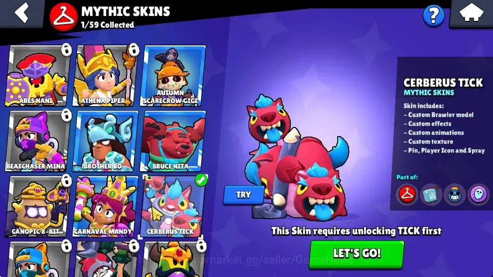Brawl Stars Accounts 1179 Trophy|23K Bling 133 Gem|21 Brawlers 3 Max Lvl| 1 Myth Skin [Cerberus Tick] 5 Epic [DJ EMZ,DK 9