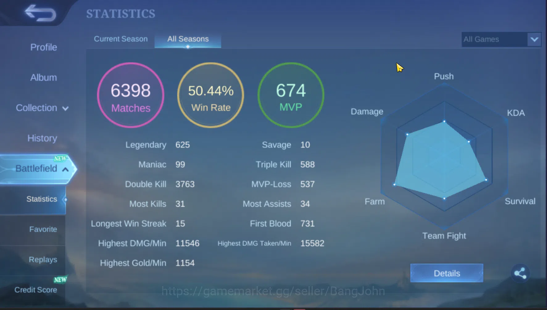 Mobile Legends: Bang Bang Accounts Others Hero 109 | Skin 135 | Emblem All Max | KOF Karina | LuckyBox Alpha | LuckyBox 13