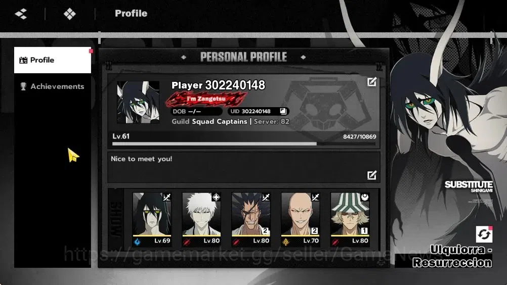 BLEACH: Soul Resonance Accounts NUVERSE SEA|Lvl 61|9 SSR|8 Sign|(IchigoIH,KenpachiB2,KisukeB1)+CoreStamp (Ulquiorra 3