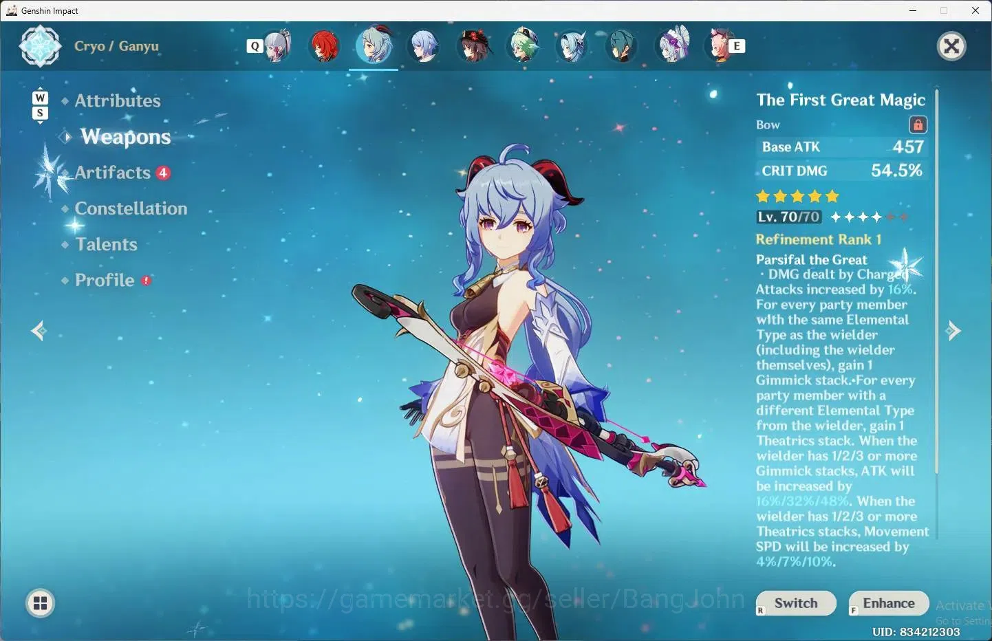 Genshin Impact Accounts Others ASIA |AR 50|8 Limit+3 Charstd|Limit(Ganyu+Sign,Varka,Kazuha,Wanderer,Ayaka,Ayato)|2 weap 4