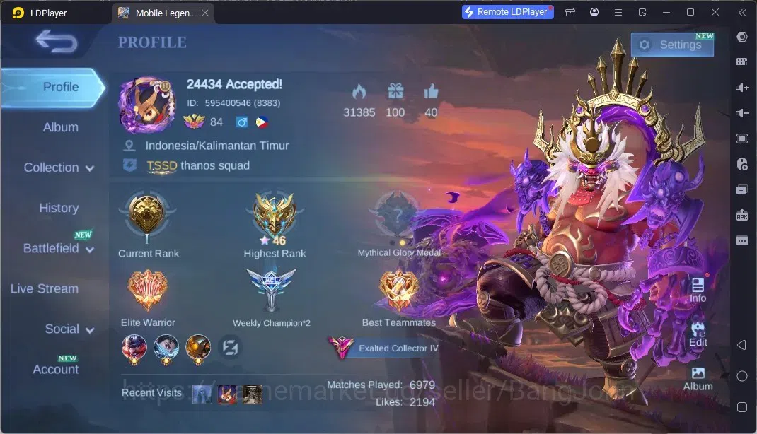 Mobile Legends: Bang Bang Accounts Collector Global|Skin 301|Exalted|Legend Franco|Collector Natalia+Pharsa+Khufra|KOF 1